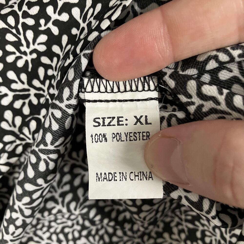 Black White Floral Blouse Womens XL Smocked Neck 3/4 Sleeve Pullover Top Casual - Picture 14 of 16